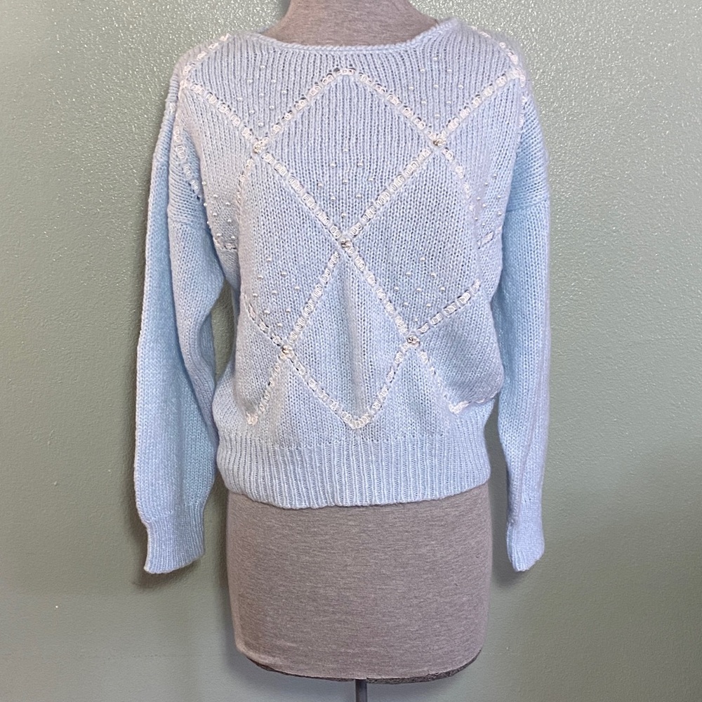 Light Blue Cable Knit Sweater With Cute Accents